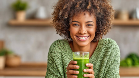 Happy Woman Holding Green Smoothieの素材