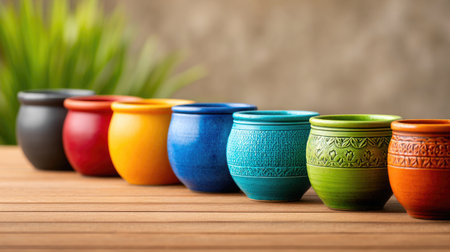 Row of Multicolored Clay Pots on Wooden Tableの素材