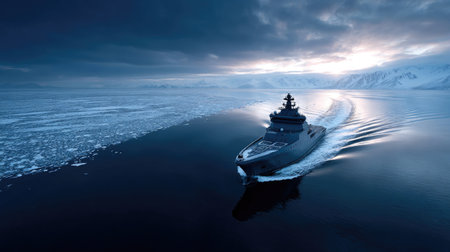 Icebreaker ship sailing through frozen seaの素材