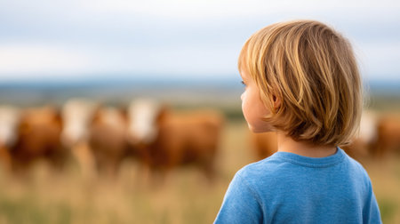 Child Watching Cows in the Fieldの素材