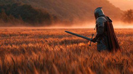 Knight in armor with sword in wheat fieldの素材