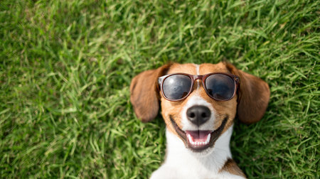 Happy Dog Wearing Sunglasses on Grassの素材