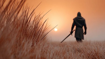 Hooded warrior with sword at sunriseの素材
