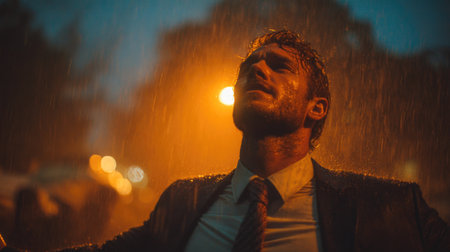 Businessman standing in rain at night under streetlightの素材