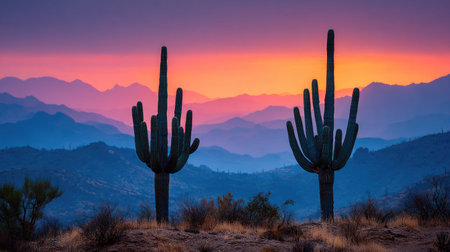 Scenic desert landscape with cactus at colorful sunsetの素材