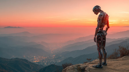 Robot Looking at Sunset over Mountainsの素材