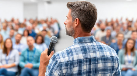 Speaker presenting to audience with microphoneの素材