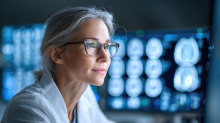 Senior female scientist examining medical scansの素材