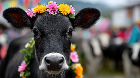 Black Cow with Flower Crown Close-Upの素材