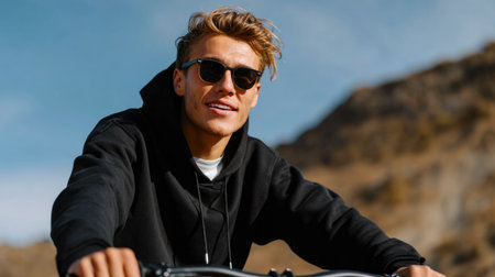 Young man smiling in sunglasses and black hoodie while cycling outdoorsの素材