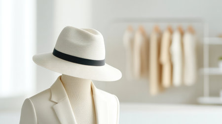 Elegant mannequin in white blazer wearing stylish Panama hat in modern boutiqueの素材