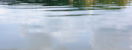 Calm lake water with reflections of sky and trees