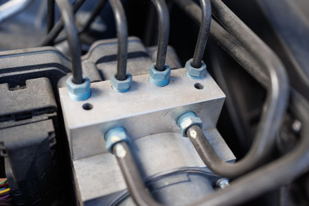 Car ABS module with connected hydraulic brake lines close-up view