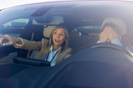 Driving Lesson Panic Moment with Instructor Pointing Aheadの写真素材