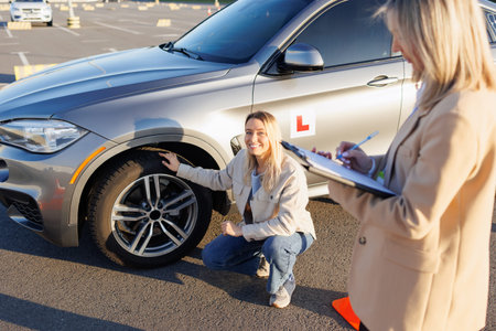 Driving instructor pointing while student inspects training vehicle during lessonの写真素材