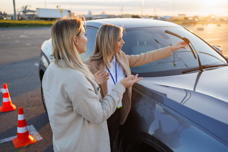 Driving instructor demonstrating vehicle controls to student on practice groundの写真素材