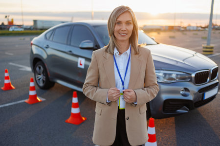 Driving Instructor Standing Near Training Car at Sunset on Practice Areaの写真素材