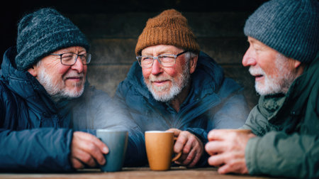 Happy Elderly Friends Drinking Warm Beverages Outdoors in Winter Clothingの素材