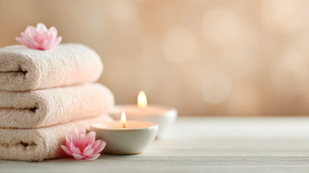 Relaxing Spa Setting with Soft Towels, Candles, and Gentle Warm Lightの素材