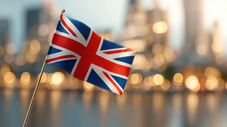 United Kingdom Flag Waving Against Urban Skyline with Soft Evening Lightsの素材