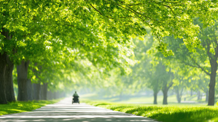 Sunny Green Park Pathway Surrounded by Lush Trees and Soft Morning Lightの素材