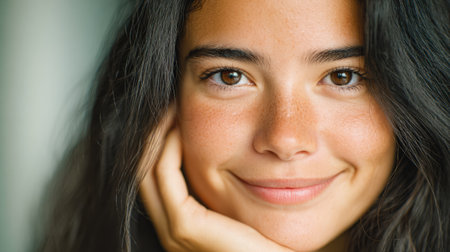 Close-Up Portrait of Smiling Young Woman with Natural Frecklesの素材