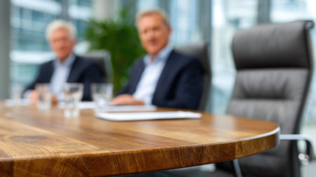 Wooden Conference Table in Modern Boardroom with Blurred Business Executivesの素材