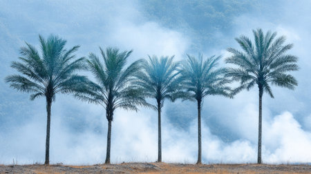 Row of Palm Trees Emerging from Thick Misty Smoke in Tropical Landscapeの素材