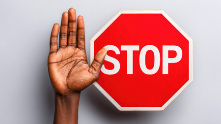 Hand Gesture Signaling Stop Beside Red Octagon Traffic Signの素材