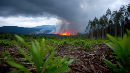 Forest Wildfire Burning Across Mountain Ridge Under Stormy Skyの素材