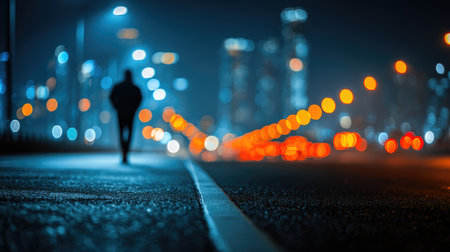 Silhouette Walking Alone on Night City Streetの素材