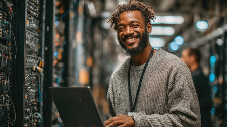 Smiling IT Engineer Working with Laptop in Modern Data Center Server Roomの素材