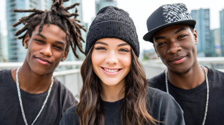 Diverse Group of Young Friends Smiling Together in Urban Environmentの素材