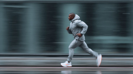 Athletic Man Running in Rainy Urban Environment with Motion Blurの素材