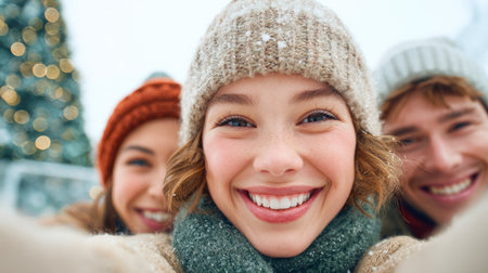 Happy Winter Friends Taking Selfie Outdoors with Snow and Festive Lightsの素材