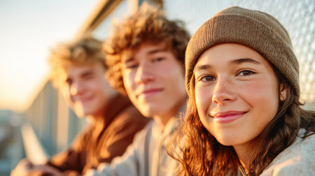 Happy Teenage Friends Outdoors at Sunset with Warm Natural Lightの素材