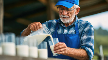 Elderly Farmer Pouring Fresh Milk into Glasses on Rural Farmの素材