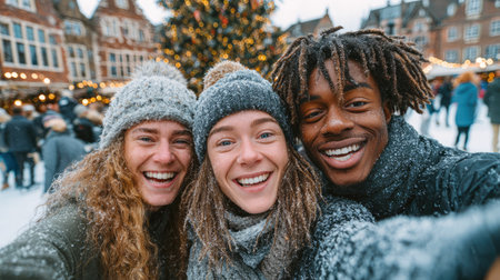 Group of Friends Taking Winter Selfie at Christmas Market with Snowfallの素材