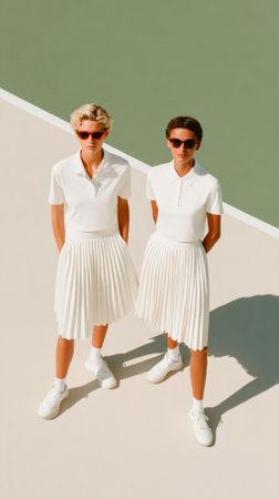 Two Stylish Women in White Tennis Outfits Standing on a Minimalist Courtの素材