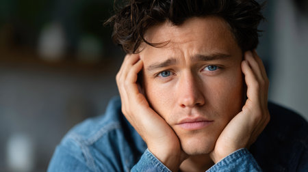 Thoughtful Young Man Experiencing Stress and Emotional Fatigue Indoorsの素材