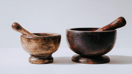 Traditional Wooden Mortar and Pestle Set Isolated on Minimal White Backgroundの素材