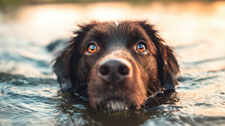 Close-Up Portrait of Wet Dog Swimming in Calm Waterの素材