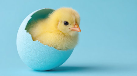 Cute Yellow Chick Hatching from Pastel Blue Egg on Minimal Backgroundの素材