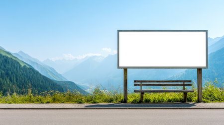 Scenic Alpine Bus Stop with Empty Advertising Billboard Overlooking Mountain Range on a Sunny Dayの素材