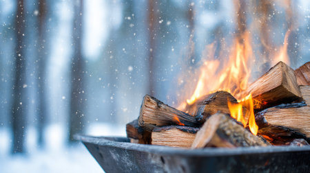 Warm Campfire with Burning Firewood in Snowy Winter Forest Atmosphereの素材
