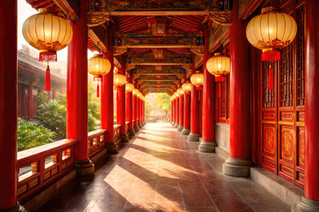 Traditional Chinese Temple Corridor with Red Columns and Hanging Lanternsの素材