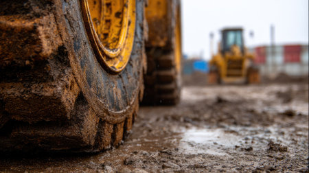 Close Up of Muddy Construction Vehicle Tire at Industrial Building Siteの素材