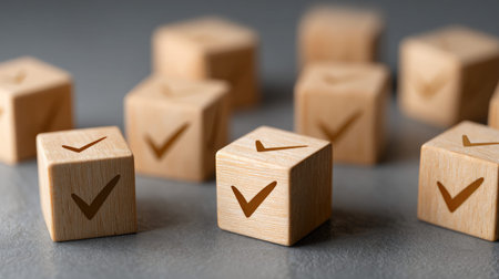 Scattered Wooden Checkmark Cubes Symbolizing Evaluation and Selectionの素材