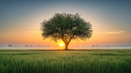 Lonely Tree in Green Field at Sunrise with Warm Golden Lightの素材