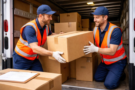 Delivery workers handing cardboard box inside cargo truckの素材